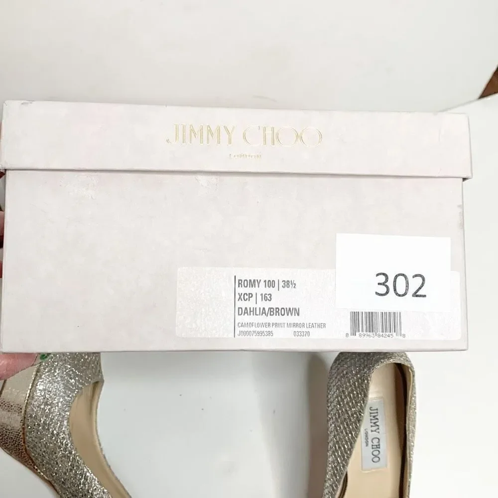 Jimmy Choo Gold Champagne Glitter Luna Peep Toe Platform Pumps Women’s Size 38.5